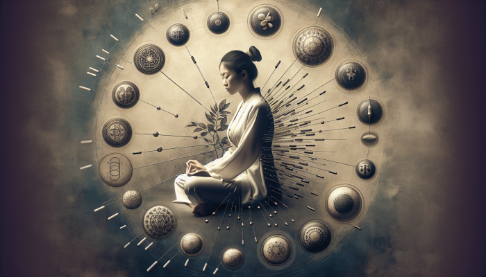 A tranquil Asian woman undergoing acupuncture, surrounded by symbols of acupressure, reflexology, and cupping.