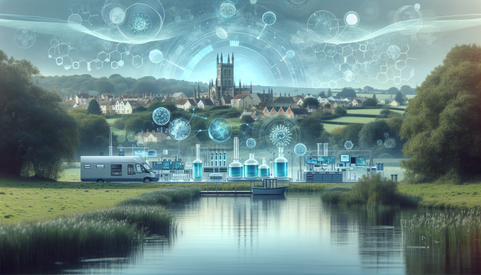 A serene lab in Bicester amidst greenery, conducting precise hormone testing, symbolizing trust and health.