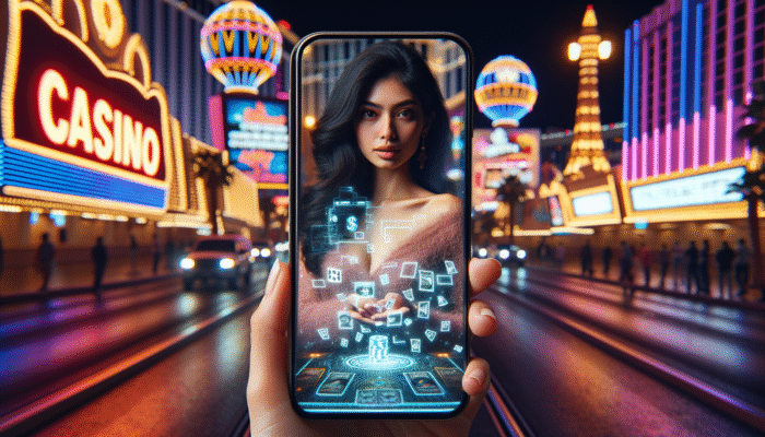 An individual setting their gambling limit on a smartphone in the vibrant streets of Las Vegas at night.