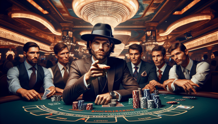 A skilled gambler at a Las Vegas blackjack table, utilising strategy charts while novices observe.
