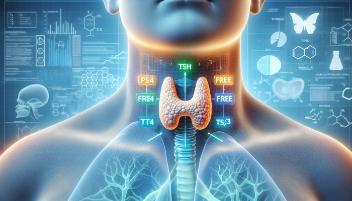 Thyroid Blood Test in Rickmansworth: Illustration of the thyroid gland with arrows indicating TSH, Free T4, and Free T3 hormones, clinical setting in Rickmansworth.