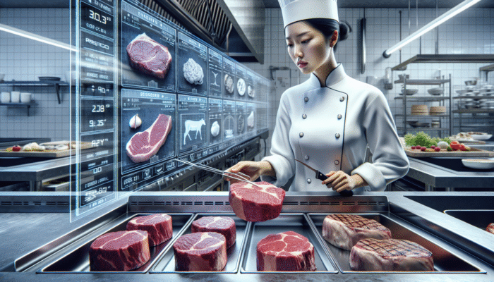 A chef selecting a thick, marbled ribeye steak for reverse searing in a modern kitchen.