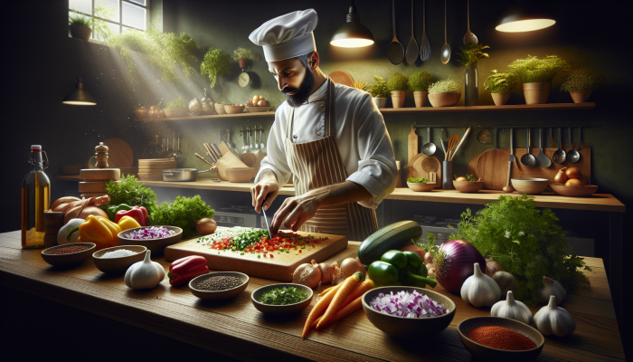 A chef chopping colorful vegetables and herbs on a wooden board in a busy kitchen.