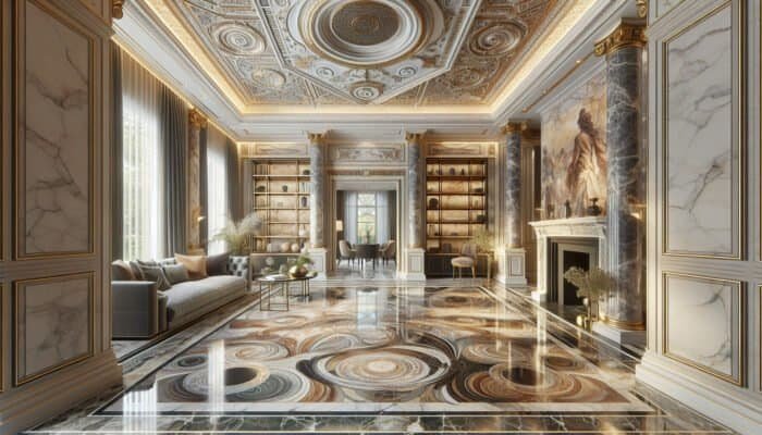 Elegant marble flooring in a luxurious Midlothian home, enhancing sophistication with diverse colors and natural veining.