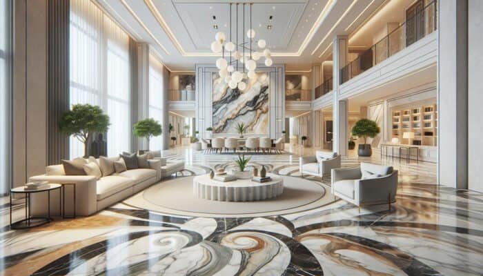 A luxurious Midlothian home interior with Carrara, Calacatta, and Statuario marble showcasing their unique patterns and colors.