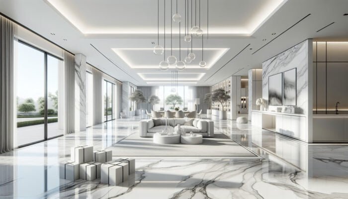 Statuario marble flooring in a luxurious Midlothian residence, featuring white with grey veins, enhancing the bright, sophisticated ambiance.