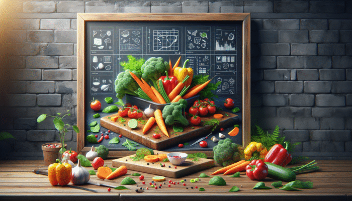 Colorful vegetables being washed, chopped, and arranged on a wooden cutting board in a kitchen.