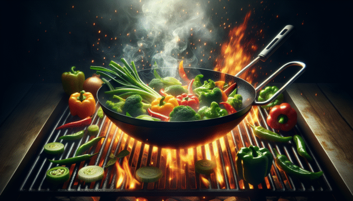 A hot wok on a grill with bell peppers and broccoli, ready for high-heat stir-frying.