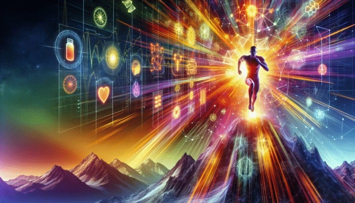 A person running up a mountain, surrounded by glowing energy supplements, on a vibrant background.