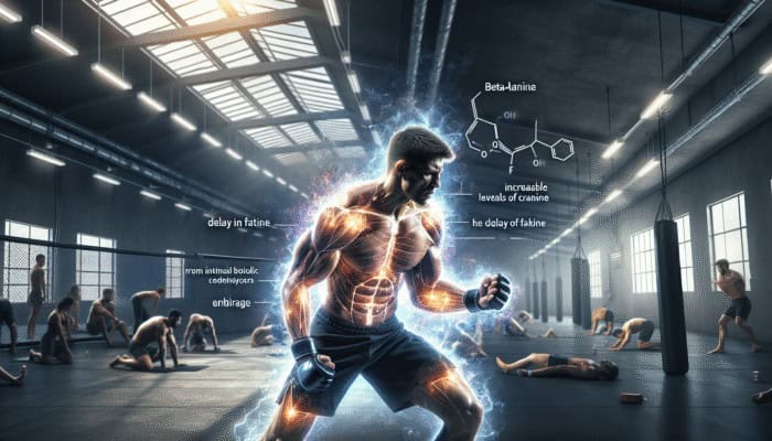 MMA fighter training intensely, muscles enduring with a glowing aura from beta-alanine, delaying fatigue.