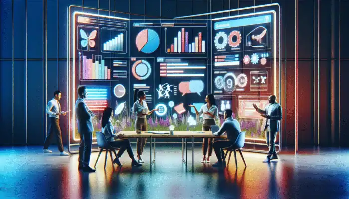 Utilise Content Audits to Enhance Rankings: A team collaborates around a screen showing website content metrics and audit checklists.