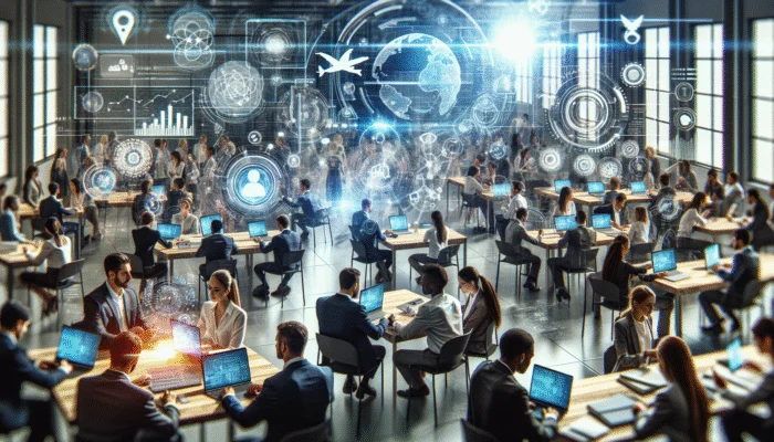 A diverse group of professionals at an engaging workshop, leveraging modern technology and networking for career advancement.