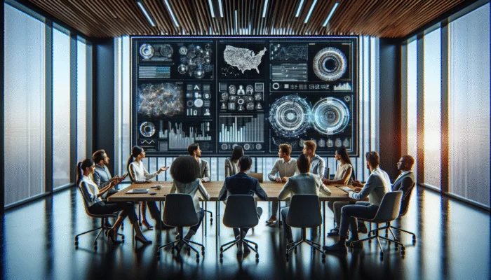 A diverse group analysing new software on a screen in a tech-focused meeting room, sharing insights.