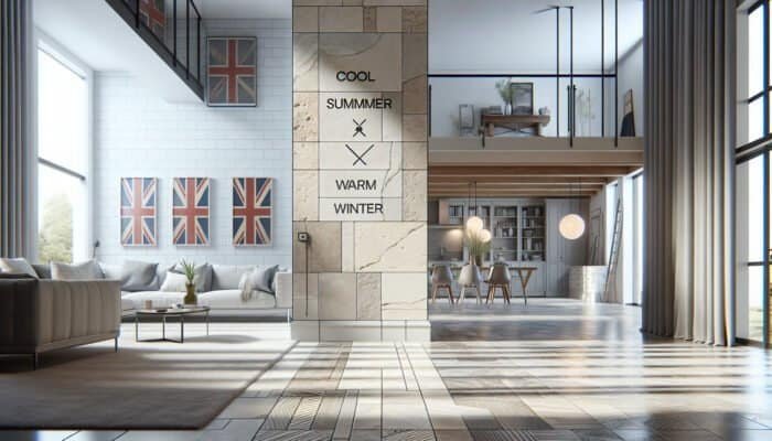 Elegant UK home interior showcasing sturdy travertine tiles that provide thermal comfort and timeless style.