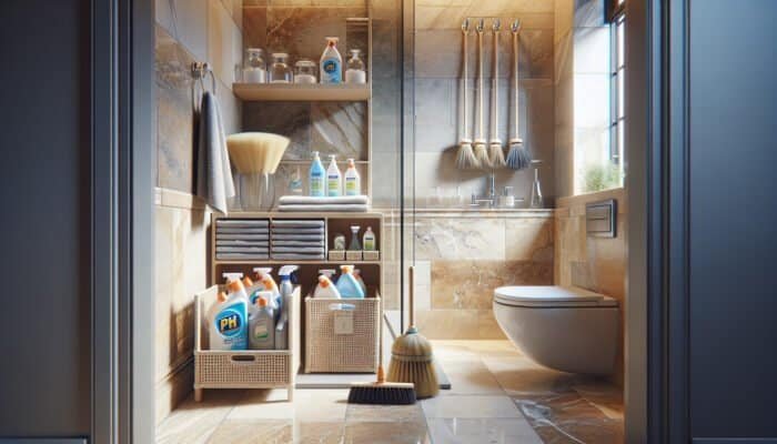 UK bathroom featuring travertine tiles and suitable cleaning products for natural stone maintenance.
