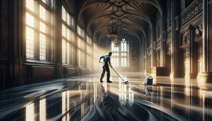 A person diligently cleaning glossy marble floors in a Scottish Borders castle, ensuring no streaks, with sunlight filtering through the windows.