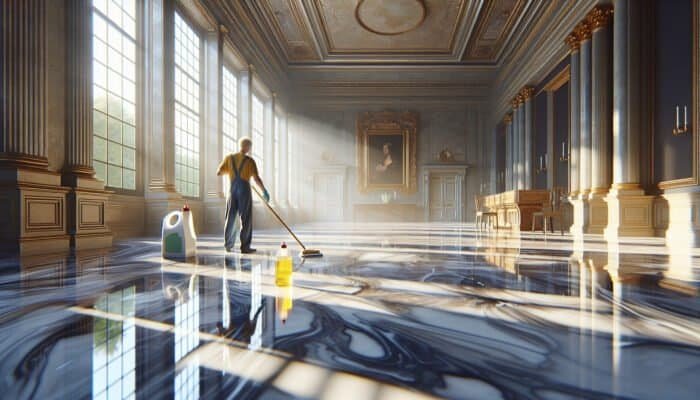 A person meticulously cleaning glossy marble floors in a historic Scottish Borders residence, ensuring no streaks with sunlight streaming through the windows.