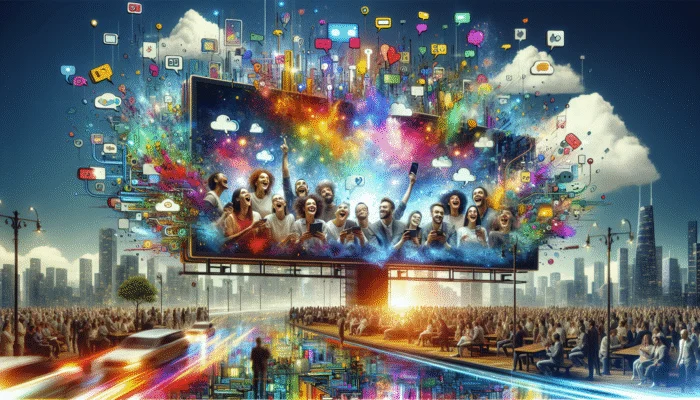 "Share Your Experience!" promotional billboard with happy customers on devices, colourful speech bubbles, cityscape in the background.