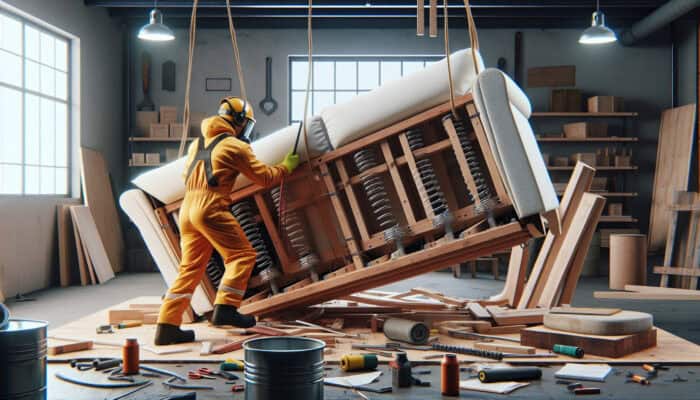 Person in safety gear disassembling sofa, exposing wood and metal, with tools and recycling bins in workshop.