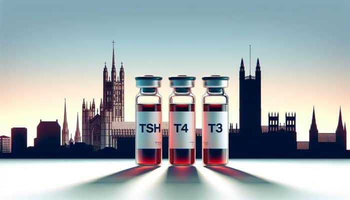 Illustration of thyroid blood test vials labelled TSH, T4, T3, with Canterbury skyline.