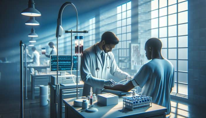 A technician in a calm lab setting preparing a patient for a thyroid blood test.