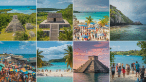 A collage of eight images showing ancient Mayan ruins, crowded beaches, clear turquoise water, a marketplace with colourful umbrellas, tourists, and tropical landscapes under Belize weather’s sunny and partly cloudy skies.