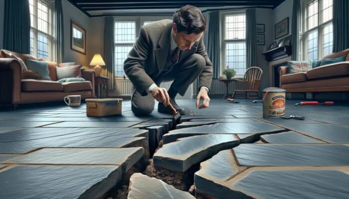 UK homeowner repairing a large fissure in slate floor to prevent further damage and enhance longevity.