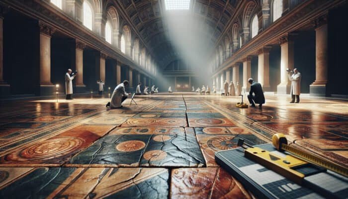Detailed inspection of historic sandstone floors showing cracks and wear, with experts using tools in a grand hall.