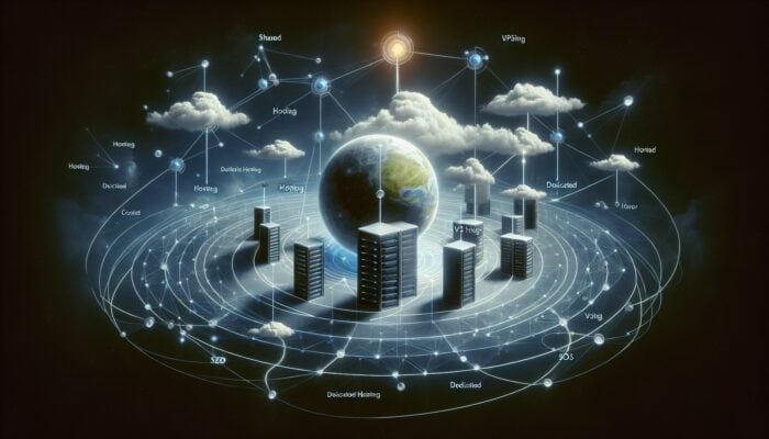 An illustration of how to effectively use content clusters for hosting SEO, showcasing a central "Web Hosting" theme linked to "Shared Hosting," "VPS Hosting," and "Dedicated Hosting" subtopics.