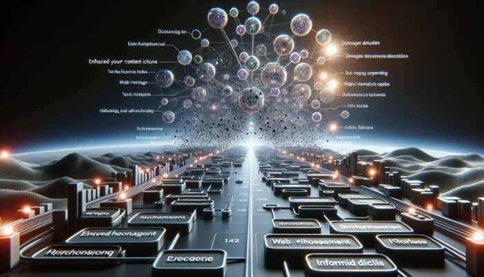 A visual representation of a digital landscape with interconnected nodes symbolising a content cluster, guiding users through web hosting options and technical insights.