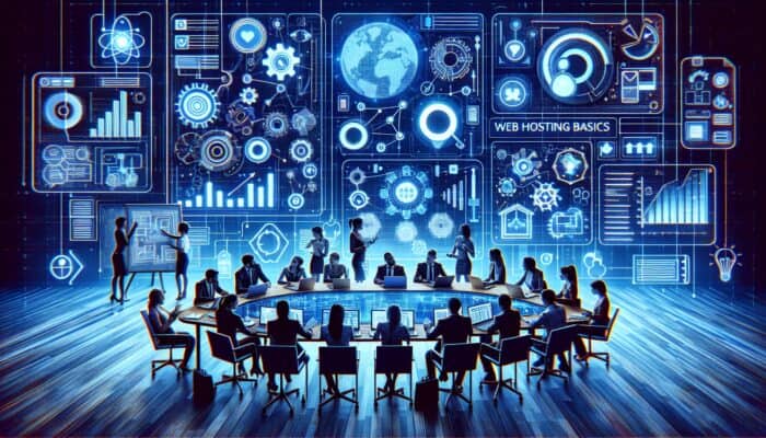 A digital workspace featuring screens displaying keyword research tools and analytics charts, with a team brainstorming content cluster topics.