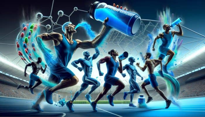 Athletes in Rio and London absorbing blue whey protein isolate, enhancing post-workout recovery.