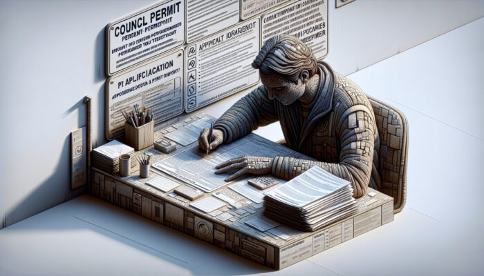 Individual completing a council permit application form at a desk with documents and guidelines.