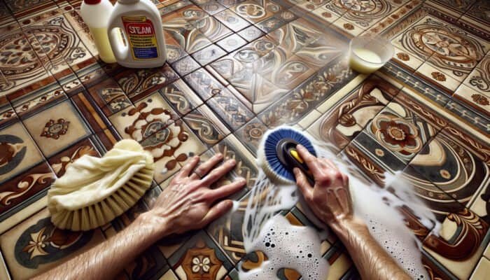 Victorian tiled floor restoration in a historic UK home, showing detailed cleaning and grout repair.