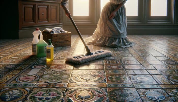 A restored Victorian tiled floor in a Bishopbriggs home being cleaned with a soft microfiber mop and pH-neutral cleaner.