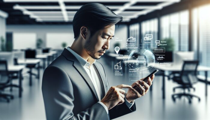 A person emailing a rental company about a car issue using a smartphone in a modern office.