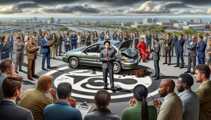 Person in parking lot noting witness statements about damaged rental car, with timestamps, under cloudy sky.