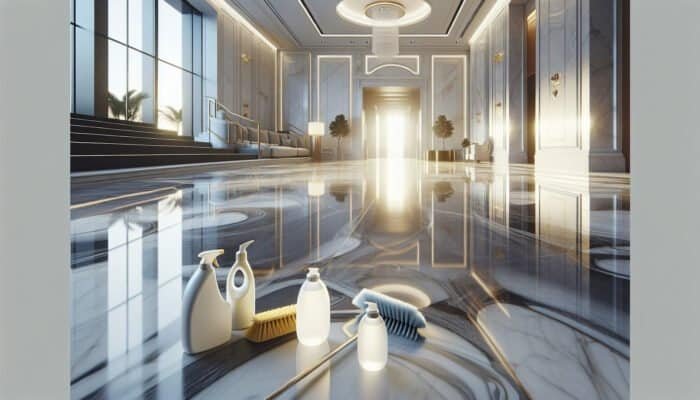 Luxurious marble floor in a Cottenham Park home, shining bright, with cleaning tools, highlighting the significance of maintenance.