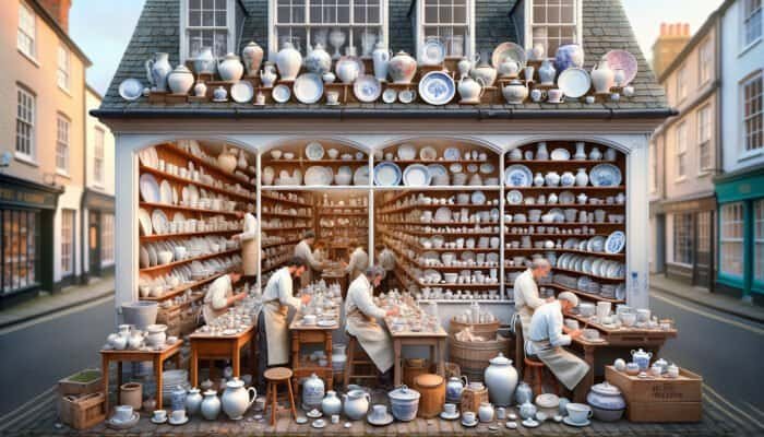 A welcoming East Calder porcelain repair shop with artisans diligently restoring ceramics, providing personalised consultations.