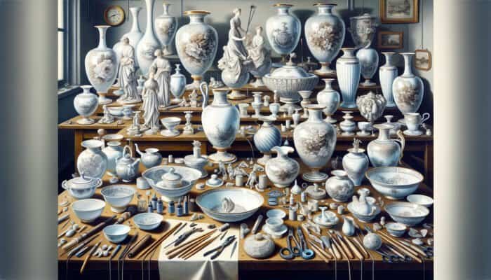 Porcelain items such as vases and figurines being carefully repaired by skilled artisans in East Calder.