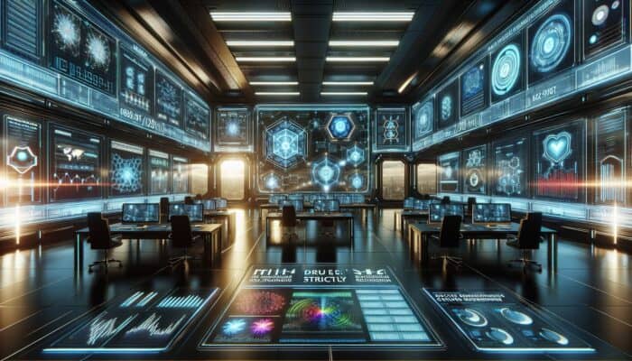 A futuristic control room with holographic displays showing secure data flows and CRM analytics, surrounded by advanced cybersecurity measures and encryption symbols.