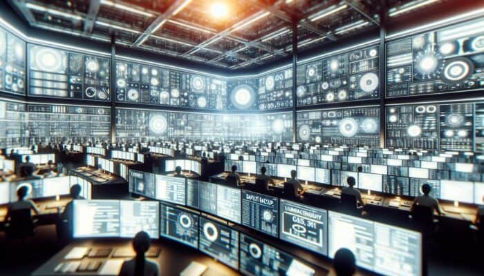 High-tech control room with screens showing backup and recovery processes during a retail store system failure.