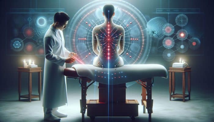 A patient receiving laser acupuncture in a serene spa; a practitioner using a red laser on the back.