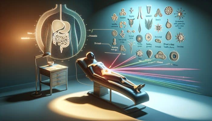 A patient receiving laser acupuncture on abdomen in a serene medical setting, with gut health diagrams and side effects chart.