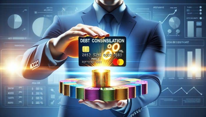 Debt Consolidation for Multiple Credit Cards: A UK Guide | DCL Person transferring colourful credit card balances to new card with "0%" symbol, illustrating debt consolidation.