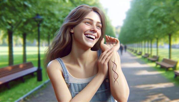 Person enjoying a walk in a park, smiling, with a healing bruise on their arm after a liver blood test.