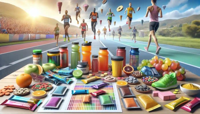 Colorful running supplements including gels, tablets, and powders on a table with a marathon route backdrop.