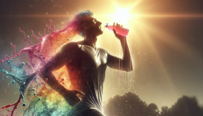 Runner in a race, drinking colorful electrolyte drink with sodium, potassium, and magnesium ions visible.