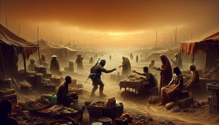 A survivor bartering goods at a makeshift market in a post-apocalyptic landscape under an orange sky.