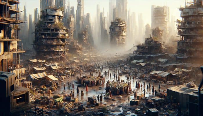 Communities trading essential resources in a post-apocalyptic setting with ruined cityscapes in the background.